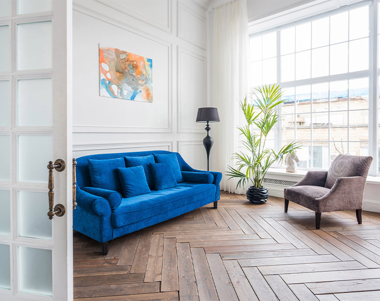 Seating area with wooden flooring