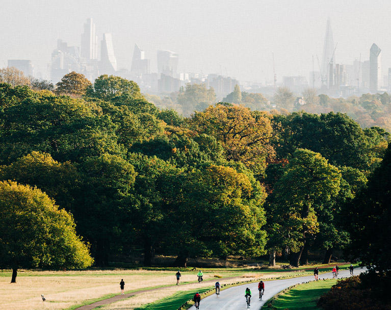 View of park with London city skyline in background
