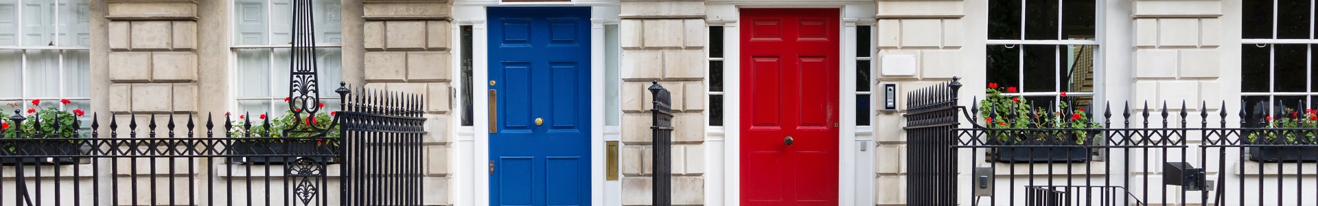 red and blue doors on houses