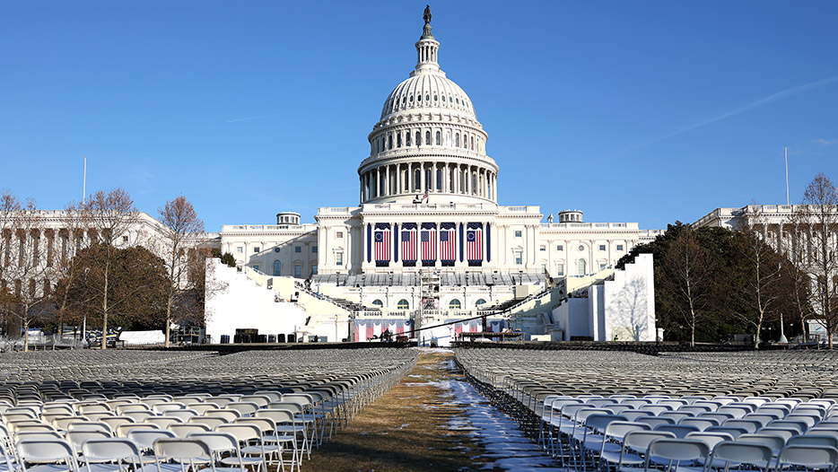 Chairs being setup on the National Mall in front of the U.S. Capitol for the president's inauguration