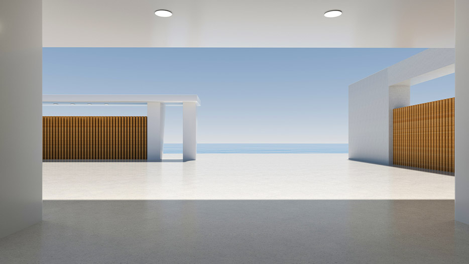 View looking outside to a sleek modern patio area with concrete walls and wooden screening with a view of the sea in the background