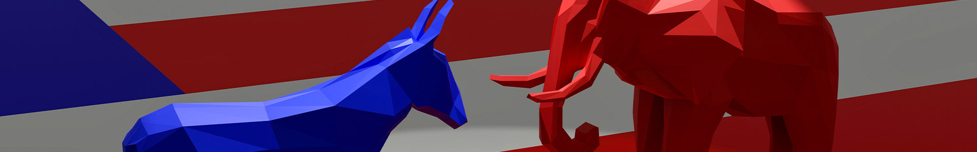 Democratic Blue Donkey and Republican Red Elephant on top of American flag