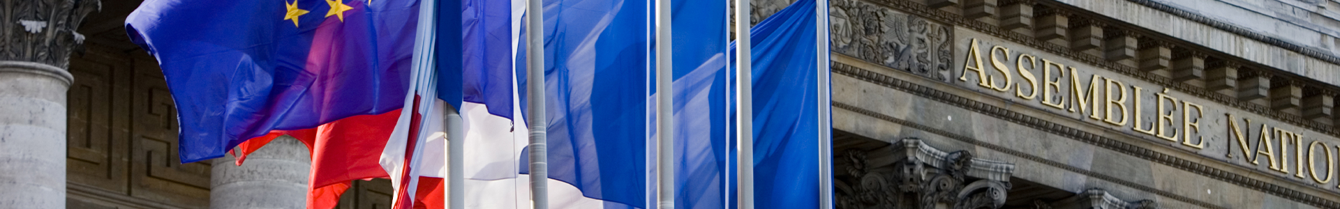 French and EU flags outside Assemble Nationale, Palais Bourbon, Central Paris, France