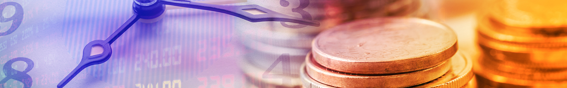stock exchange rates alongside clock and coins