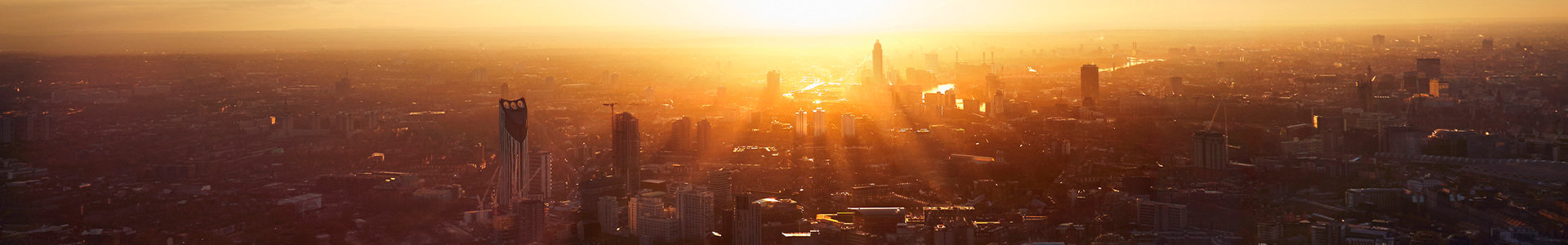 London skyline from above at sunset