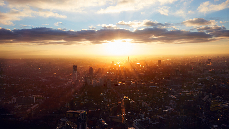 London skyline from above at sunset