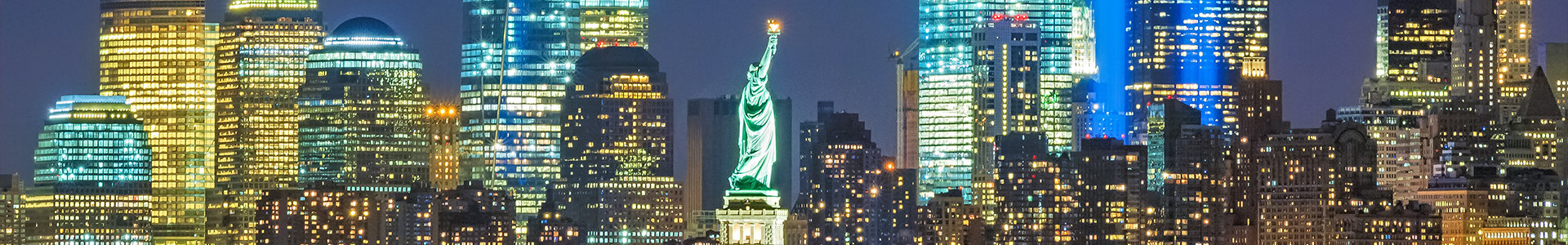 WTC Tribute in Lights with Freedom Tower and Statue of Liberty