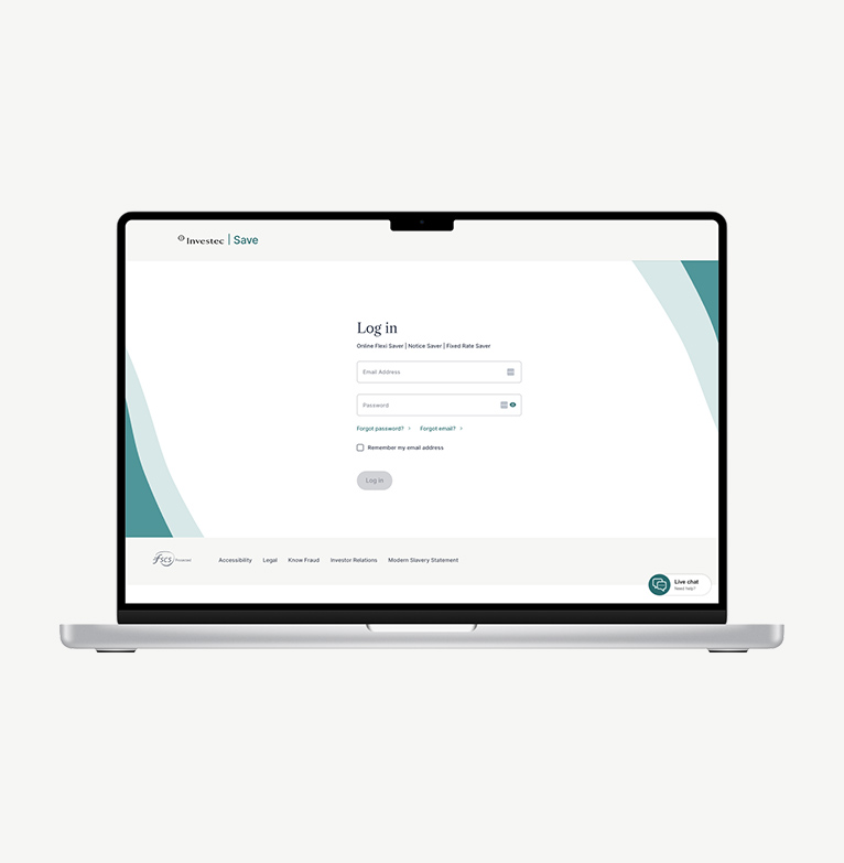 Investec Save login screen displaying on a laptop