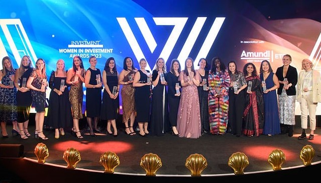 All the winners of the 2023 Women in Investment awards stand on stage