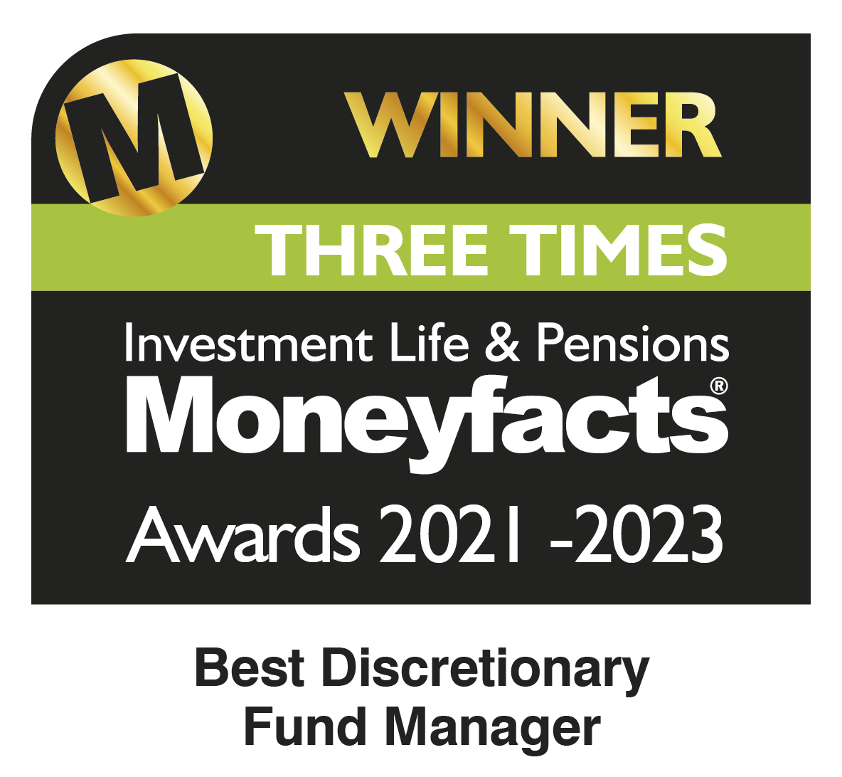 Moneyfacts Awards Best Discretionary Fund Manager award logo for 2021, 2022 and 2023