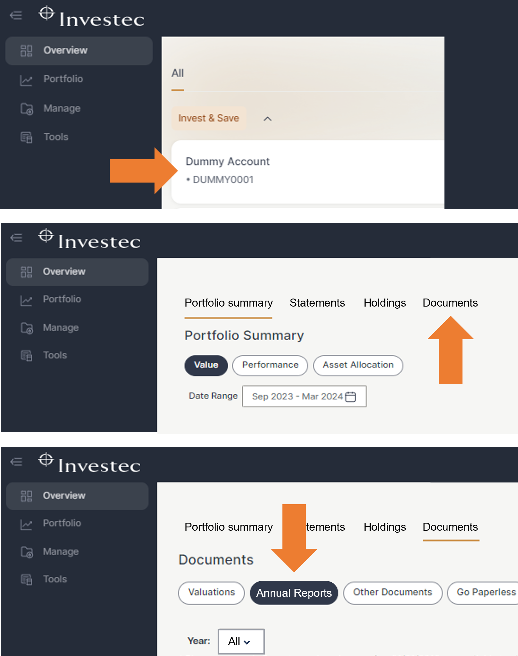 Screenshots of the steps a user needs to take in Investec Online to download their tax certificates