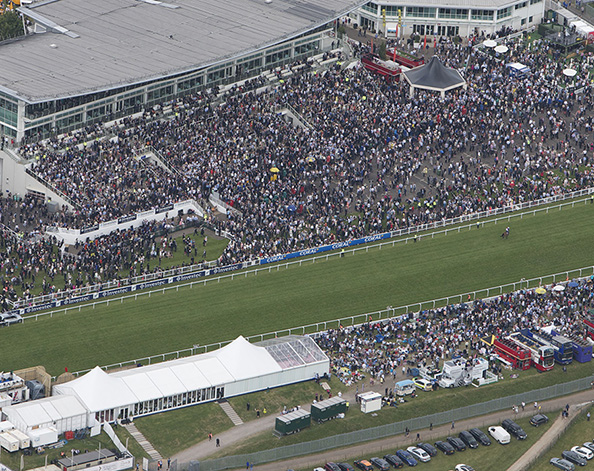 Investec Derby festival at Epsom Downs racecourse from the air