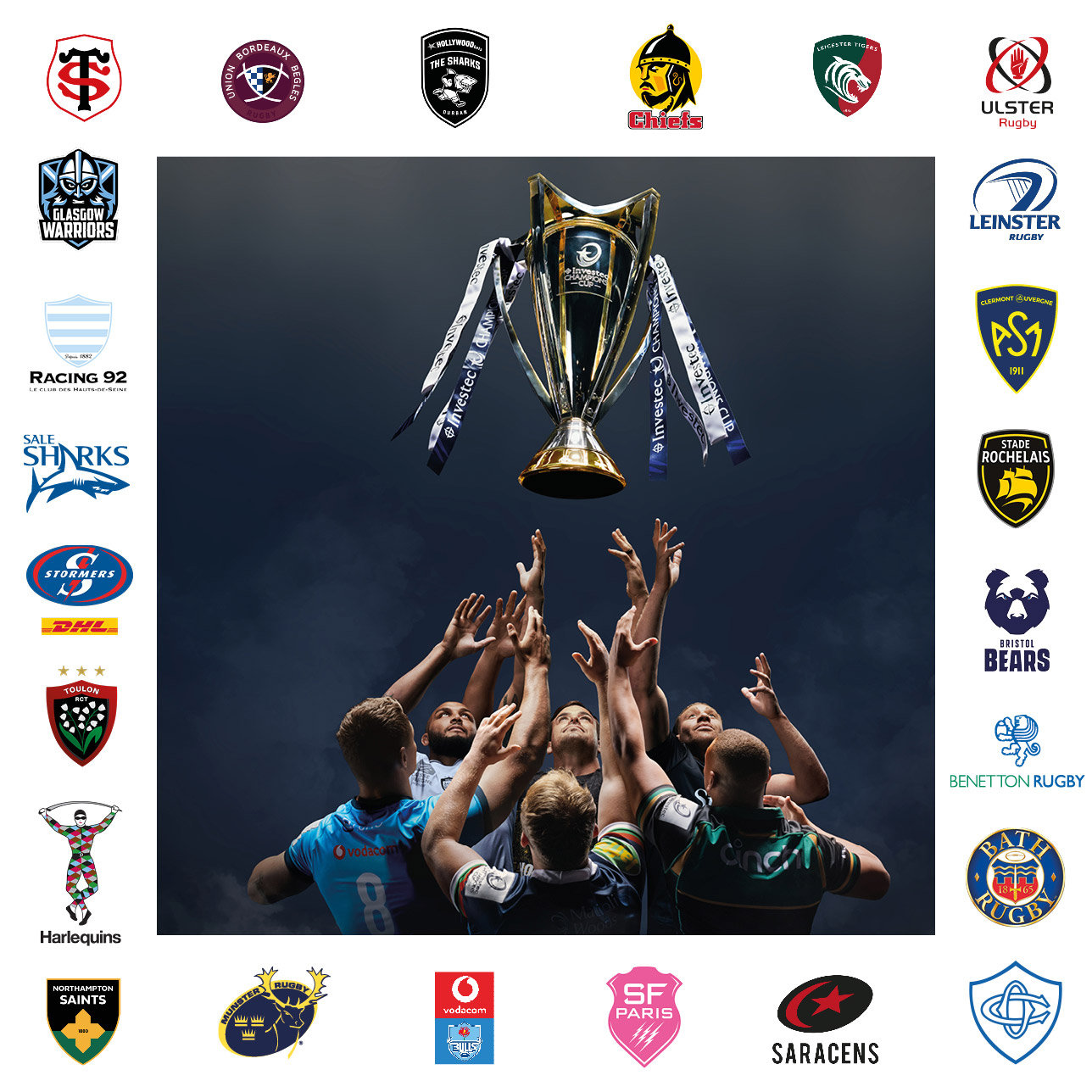 Image showing trophy with some of the captains as well as all the participating team's logos around the outside of the image